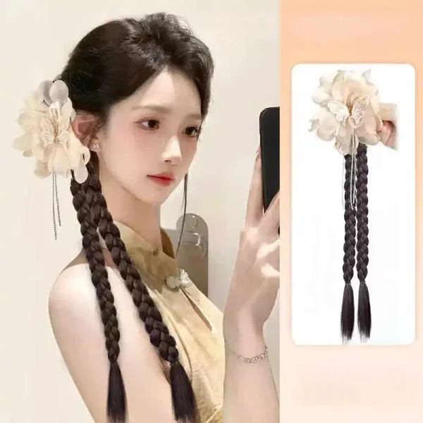 kẹp ngoạm tóc giả tết 2 bím gắn nơ hoa