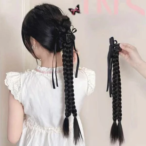 kẹp ngoạm tóc giả tết bím gắn nơ tua rua