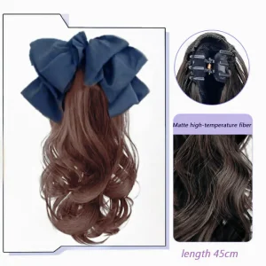 tóc giả ngoạm xoăn có gắn nơ 45cm màu nâu vàng