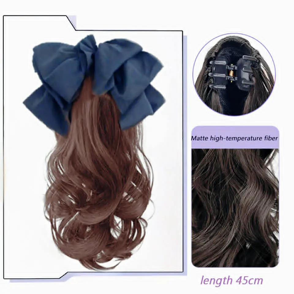 tóc giả ngoạm xoăn có gắn nơ 45cm màu nâu vàng
