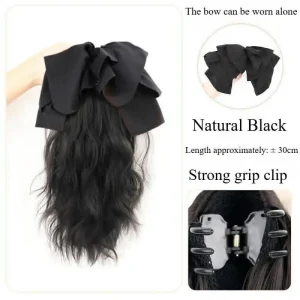 tóc giả ngoạm đuôi xoăn ngắn có gắn nơ 30cm màu nâu đen