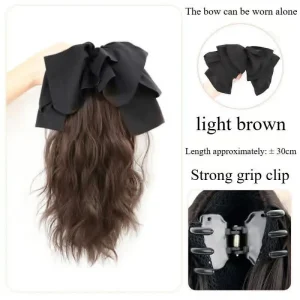 tóc giả ngoạm xoăn có gắn nơ 30cm màu nâu vàng