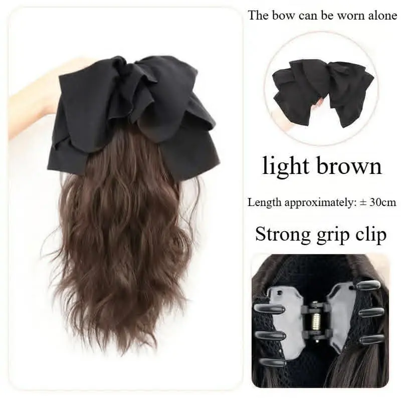 tóc giả ngoạm xoăn có gắn nơ 30cm màu nâu vàng