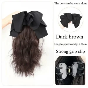 tóc giả ngoạm xoăn có gắn nơ 30cm màu nâu đỏ