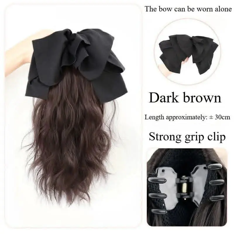 tóc giả ngoạm xoăn có gắn nơ 30cm màu nâu đỏ