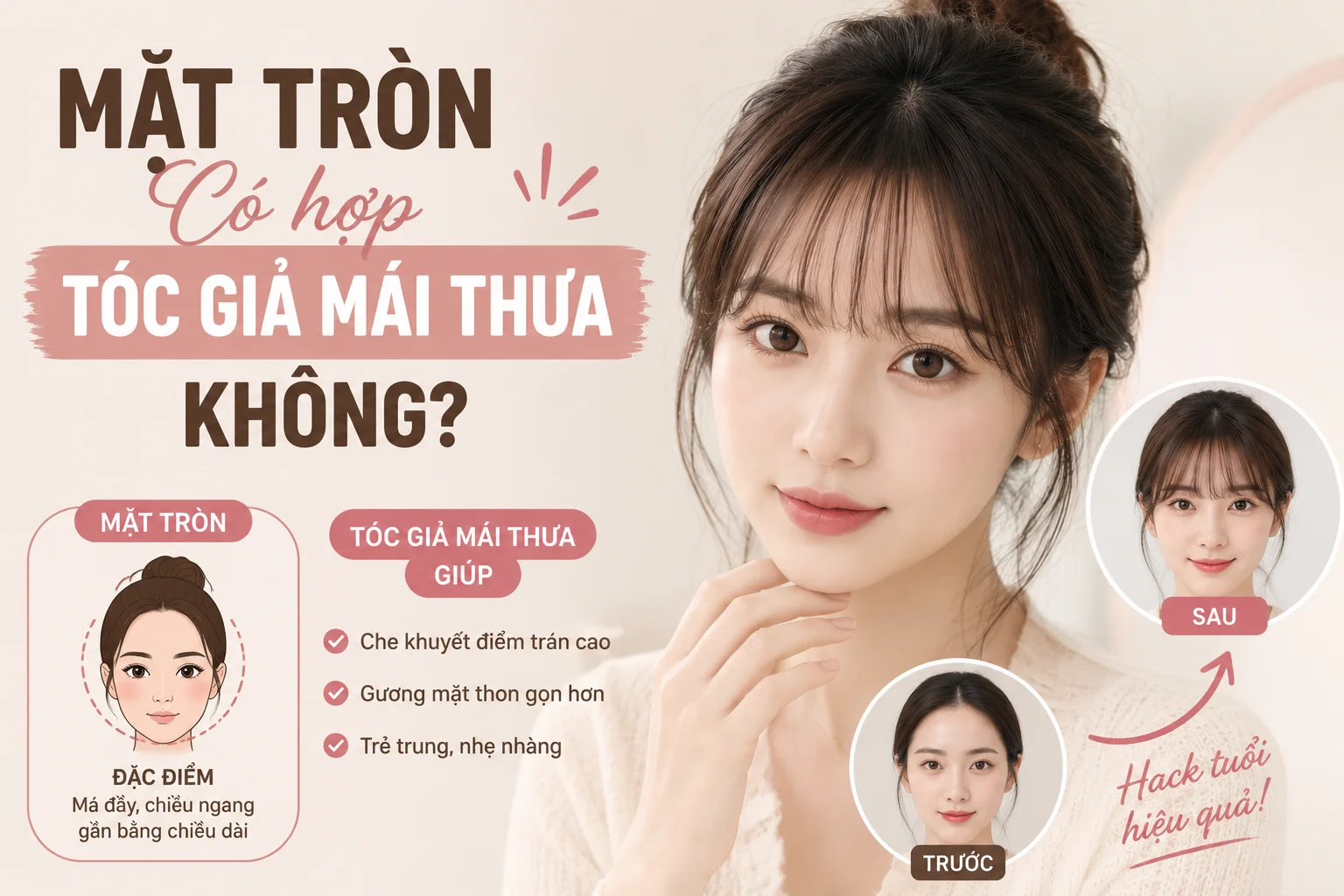Tóc giả mái thưa cho mặt tròn giúp gương mặt trẻ trung và thon gọn hơn